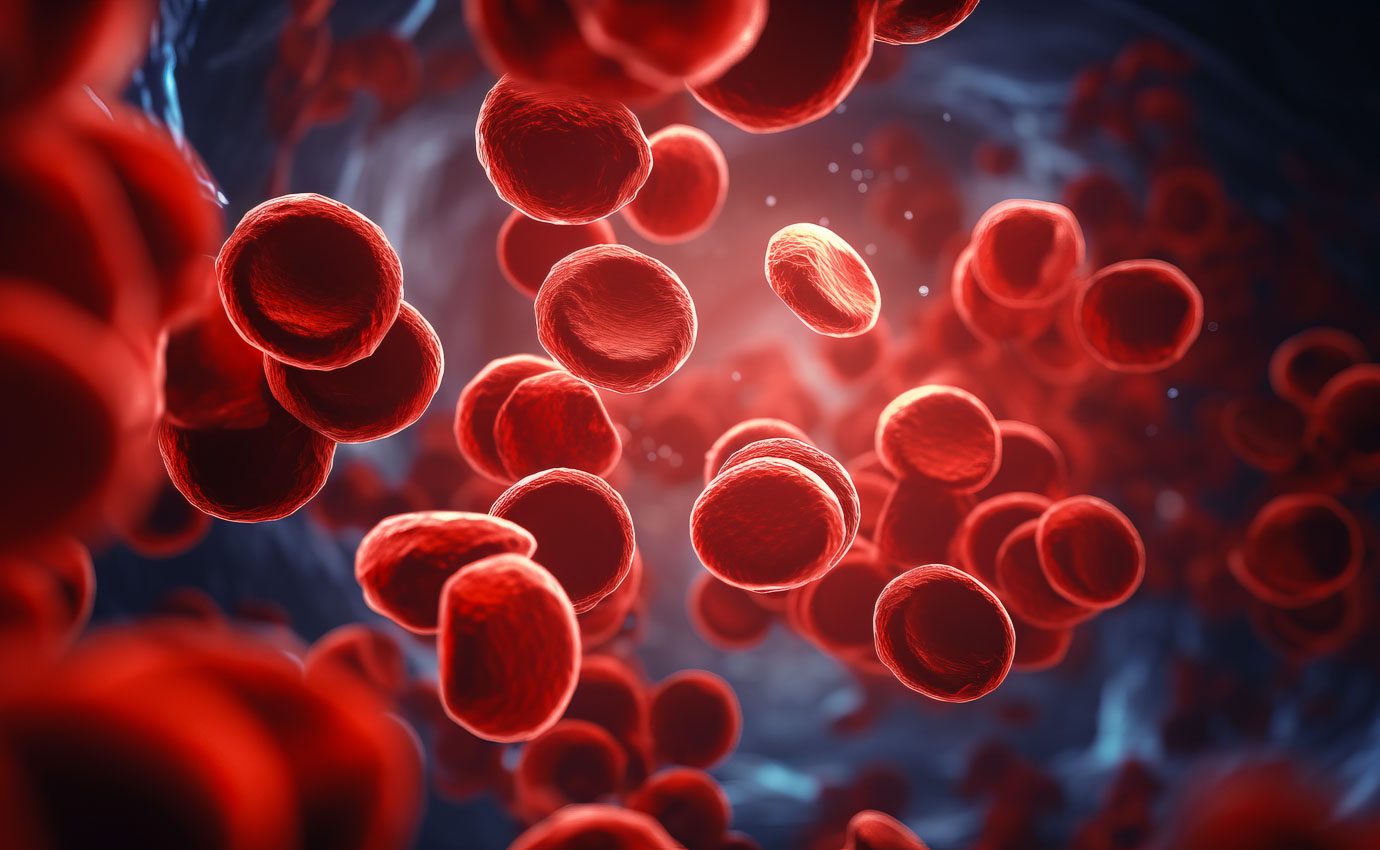 Detailaufnahme von roten Blutkörperchen, die den menschlichen Blutkreislauf durchströmen. Diese Visualisierung symbolisiert die Eigenbluttherapie, die zur Stärkung des Immunsystems und zur Förderung der Heilung eingesetzt wird. Die Eigenbluttherapie, eine Methode der Komplementärmedizin, beinhaltet die Reinjektion von autologem Blut, um Selbstheilungskräfte zu aktivieren.