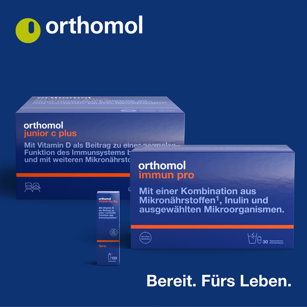 Orthomol-Produkte junior c plus und immun pro zur Unterstützung des Immunsystems mit Mikronährstoffen und Inulin