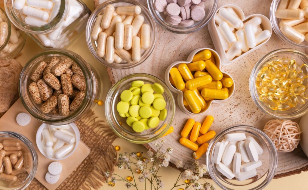Vielfältige pflanzliche Nahrungsergänzungsmittel in Kapsel- und Tablettenform – mögliche Risiken für die Leber durch unkontrollierte Einnahme.
