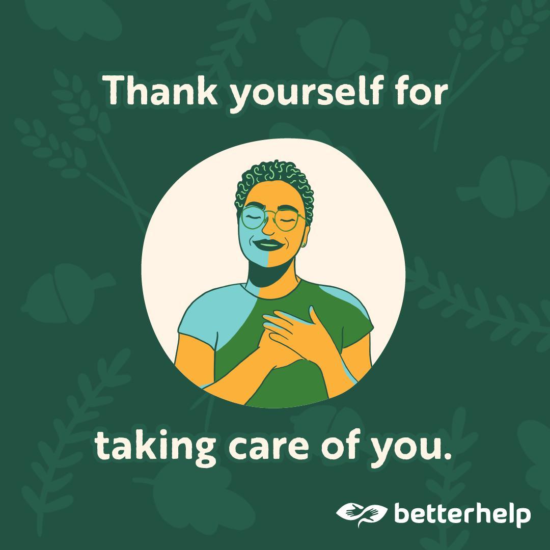 Illustration einer Person mit geschlossenen Augen und Hand auf dem Herzen – mit der Botschaft: „Danke dir selbst, dass du dich um dich kümmerst“. Self-Care im Fokus digitaler psychologischer Beratung wie bei BetterHelp.