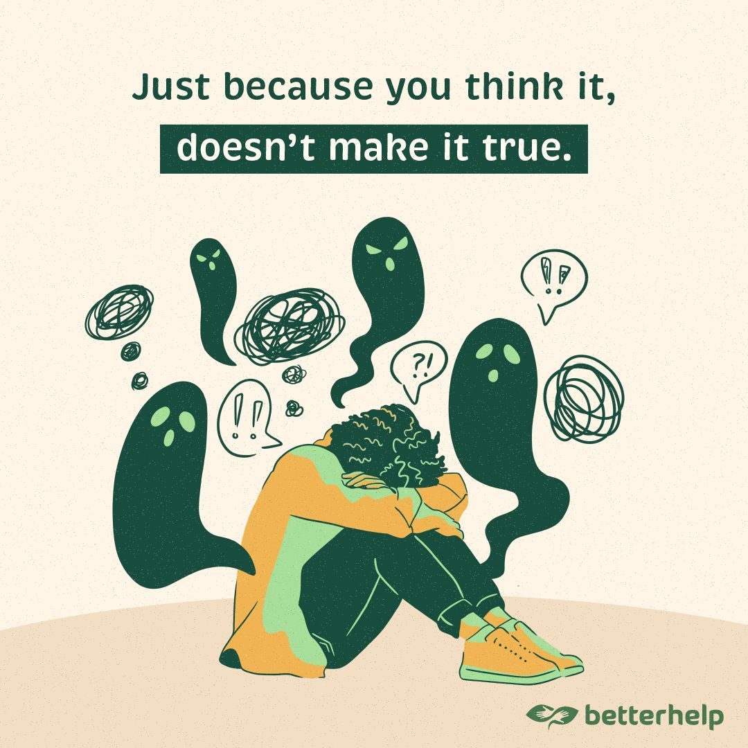 Illustration einer niedergeschlagenen Person umgeben von ängstlichen Gedanken – mit dem Text: „Just because you think it, doesn’t make it true“. BetterHelp thematisiert solche Denkmuster in der Online-Beratung.