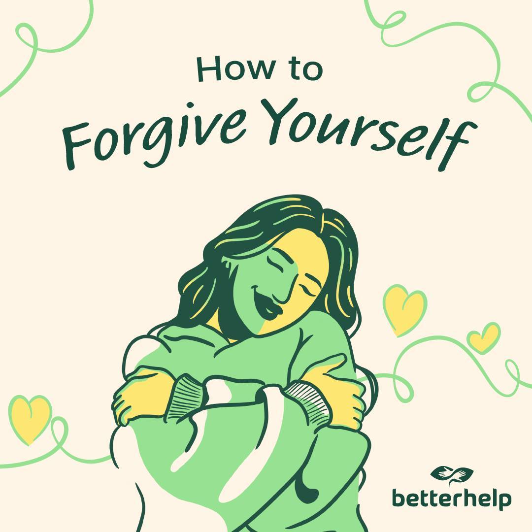 Illustration einer sich selbst umarmenden Frau mit dem Text „How to forgive yourself“ – BetterHelp unterstützt beim Umgang mit Schuldgefühlen und Selbstvergebung in der psychologischen Online-Beratung.