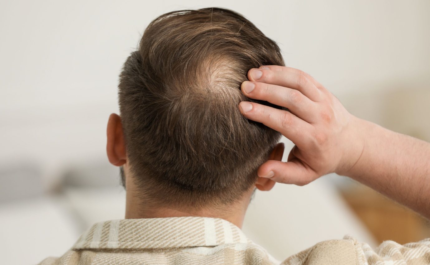 Mann mit beginnender Glatze betrachtet kahlen Hinterkopf – Symbolbild für androgenetischen Haarausfall und Therapieoptionen wie Finasterid, Minoxidil oder Sägepalme.