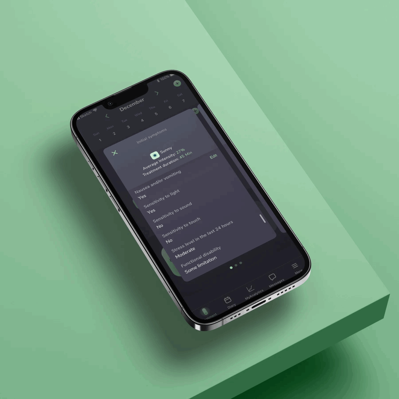 Migräne-App des Nerivio-Armbands dokumentiert Symptome und Therapieverlauf im digitalen Kopfschmerztagebuch.